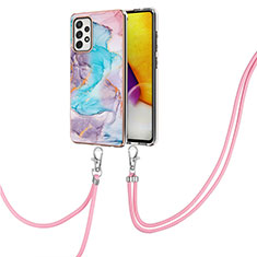 Silicone Candy Rubber Gel Fashionable Pattern Soft Case Cover with Lanyard Strap Y03B for Samsung Galaxy A72 5G Blue