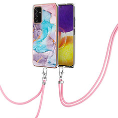 Silicone Candy Rubber Gel Fashionable Pattern Soft Case Cover with Lanyard Strap Y03B for Samsung Galaxy A82 5G Blue