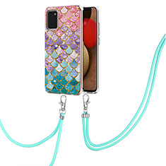 Silicone Candy Rubber Gel Fashionable Pattern Soft Case Cover with Lanyard Strap Y03B for Samsung Galaxy F02S SM-E025F Colorful
