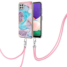 Silicone Candy Rubber Gel Fashionable Pattern Soft Case Cover with Lanyard Strap Y03B for Samsung Galaxy F42 5G Blue