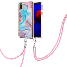 Silicone Candy Rubber Gel Fashionable Pattern Soft Case Cover with Lanyard Strap Y03B for Samsung Galaxy M01 Core Blue