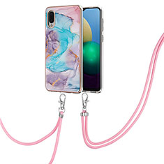 Silicone Candy Rubber Gel Fashionable Pattern Soft Case Cover with Lanyard Strap Y03B for Samsung Galaxy M02 Blue