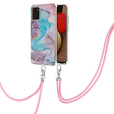 Silicone Candy Rubber Gel Fashionable Pattern Soft Case Cover with Lanyard Strap Y03B for Samsung Galaxy M02s Blue