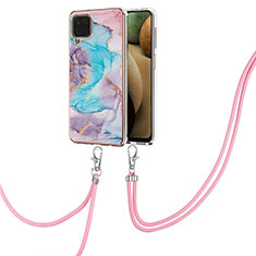 Silicone Candy Rubber Gel Fashionable Pattern Soft Case Cover with Lanyard Strap Y03B for Samsung Galaxy M12 Blue