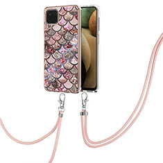 Silicone Candy Rubber Gel Fashionable Pattern Soft Case Cover with Lanyard Strap Y03B for Samsung Galaxy M12 Brown