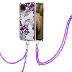 Silicone Candy Rubber Gel Fashionable Pattern Soft Case Cover with Lanyard Strap Y03B for Samsung Galaxy M12 Purple