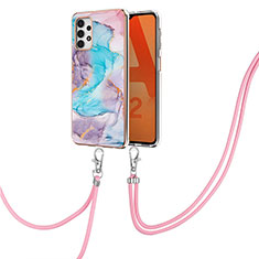 Silicone Candy Rubber Gel Fashionable Pattern Soft Case Cover with Lanyard Strap Y03B for Samsung Galaxy M32 5G Blue