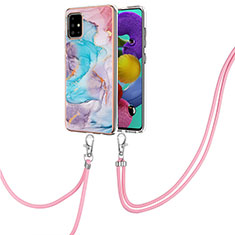 Silicone Candy Rubber Gel Fashionable Pattern Soft Case Cover with Lanyard Strap Y03B for Samsung Galaxy M40S Blue