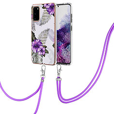 Silicone Candy Rubber Gel Fashionable Pattern Soft Case Cover with Lanyard Strap Y03B for Samsung Galaxy S20 5G Purple