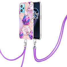 Silicone Candy Rubber Gel Fashionable Pattern Soft Case Cover with Lanyard Strap Y04B for Realme 9 4G Clove Purple