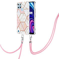 Silicone Candy Rubber Gel Fashionable Pattern Soft Case Cover with Lanyard Strap Y04B for Realme C21Y Pink