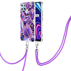 Silicone Candy Rubber Gel Fashionable Pattern Soft Case Cover with Lanyard Strap Y04B for Realme C21Y Purple