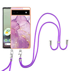 Silicone Candy Rubber Gel Fashionable Pattern Soft Case Cover with Lanyard Strap Y05B for Google Pixel 6a 5G Clove Purple