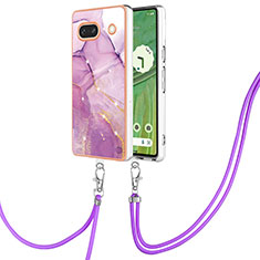 Silicone Candy Rubber Gel Fashionable Pattern Soft Case Cover with Lanyard Strap Y05B for Google Pixel 7a 5G Clove Purple
