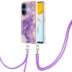 Silicone Candy Rubber Gel Fashionable Pattern Soft Case Cover with Lanyard Strap Y05B for Huawei Honor X7 Purple