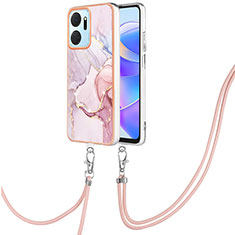 Silicone Candy Rubber Gel Fashionable Pattern Soft Case Cover with Lanyard Strap Y05B for Huawei Honor X7a Pink