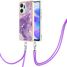 Silicone Candy Rubber Gel Fashionable Pattern Soft Case Cover with Lanyard Strap Y05B for Huawei Honor X7a Purple