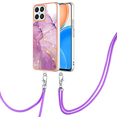 Silicone Candy Rubber Gel Fashionable Pattern Soft Case Cover with Lanyard Strap Y05B for Huawei Honor X8 4G Clove Purple