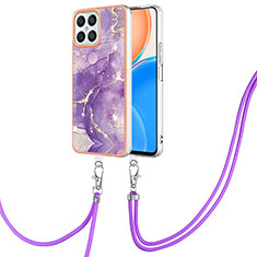 Silicone Candy Rubber Gel Fashionable Pattern Soft Case Cover with Lanyard Strap Y05B for Huawei Honor X8 4G Purple