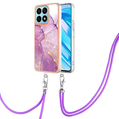 Silicone Candy Rubber Gel Fashionable Pattern Soft Case Cover with Lanyard Strap Y05B for Huawei Honor X8a 4G Clove Purple