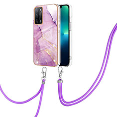Silicone Candy Rubber Gel Fashionable Pattern Soft Case Cover with Lanyard Strap Y05B for Oppo A53s 5G Clove Purple