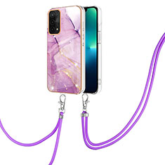 Silicone Candy Rubber Gel Fashionable Pattern Soft Case Cover with Lanyard Strap Y05B for Oppo A54 5G Clove Purple