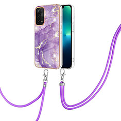 Silicone Candy Rubber Gel Fashionable Pattern Soft Case Cover with Lanyard Strap Y05B for Oppo A54 5G Purple