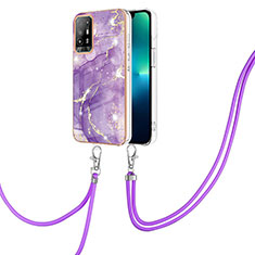 Silicone Candy Rubber Gel Fashionable Pattern Soft Case Cover with Lanyard Strap Y05B for Oppo A94 5G Purple