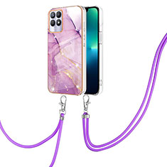 Silicone Candy Rubber Gel Fashionable Pattern Soft Case Cover with Lanyard Strap Y05B for Realme 8i Clove Purple