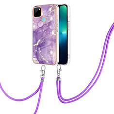 Silicone Candy Rubber Gel Fashionable Pattern Soft Case Cover with Lanyard Strap Y05B for Realme C21Y Purple