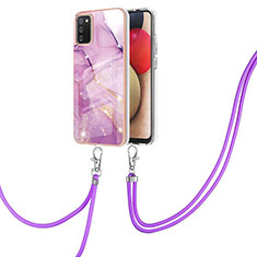 Silicone Candy Rubber Gel Fashionable Pattern Soft Case Cover with Lanyard Strap Y05B for Samsung Galaxy A03s Clove Purple
