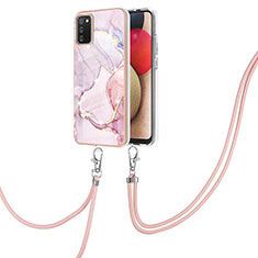 Silicone Candy Rubber Gel Fashionable Pattern Soft Case Cover with Lanyard Strap Y05B for Samsung Galaxy A03s Pink