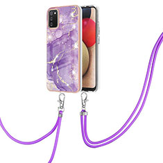 Silicone Candy Rubber Gel Fashionable Pattern Soft Case Cover with Lanyard Strap Y05B for Samsung Galaxy A03s Purple