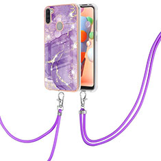Silicone Candy Rubber Gel Fashionable Pattern Soft Case Cover with Lanyard Strap Y05B for Samsung Galaxy A11 Purple