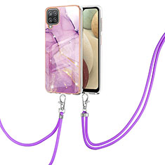 Silicone Candy Rubber Gel Fashionable Pattern Soft Case Cover with Lanyard Strap Y05B for Samsung Galaxy A12 5G Clove Purple