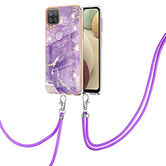 Silicone Candy Rubber Gel Fashionable Pattern Soft Case Cover with Lanyard Strap Y05B for Samsung Galaxy A12 Nacho Purple