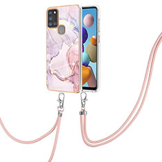 Silicone Candy Rubber Gel Fashionable Pattern Soft Case Cover with Lanyard Strap Y05B for Samsung Galaxy A21s Pink