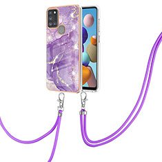 Silicone Candy Rubber Gel Fashionable Pattern Soft Case Cover with Lanyard Strap Y05B for Samsung Galaxy A21s Purple