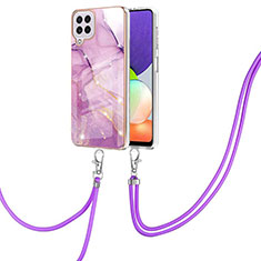 Silicone Candy Rubber Gel Fashionable Pattern Soft Case Cover with Lanyard Strap Y05B for Samsung Galaxy A22 4G Clove Purple