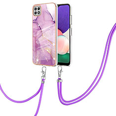 Silicone Candy Rubber Gel Fashionable Pattern Soft Case Cover with Lanyard Strap Y05B for Samsung Galaxy A22 5G Clove Purple