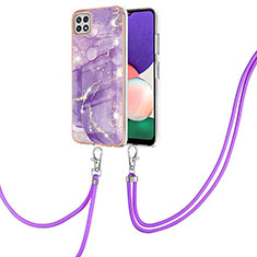 Silicone Candy Rubber Gel Fashionable Pattern Soft Case Cover with Lanyard Strap Y05B for Samsung Galaxy A22 5G Purple