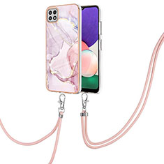 Silicone Candy Rubber Gel Fashionable Pattern Soft Case Cover with Lanyard Strap Y05B for Samsung Galaxy A22s 5G Pink