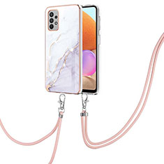 Silicone Candy Rubber Gel Fashionable Pattern Soft Case Cover with Lanyard Strap Y05B for Samsung Galaxy A32 5G White