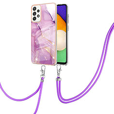 Silicone Candy Rubber Gel Fashionable Pattern Soft Case Cover with Lanyard Strap Y05B for Samsung Galaxy A52 4G Clove Purple