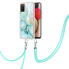 Silicone Candy Rubber Gel Fashionable Pattern Soft Case Cover with Lanyard Strap Y05B for Samsung Galaxy F02S SM-E025F Green