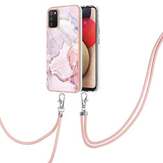 Silicone Candy Rubber Gel Fashionable Pattern Soft Case Cover with Lanyard Strap Y05B for Samsung Galaxy F02S SM-E025F Pink