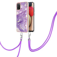 Silicone Candy Rubber Gel Fashionable Pattern Soft Case Cover with Lanyard Strap Y05B for Samsung Galaxy F02S SM-E025F Purple