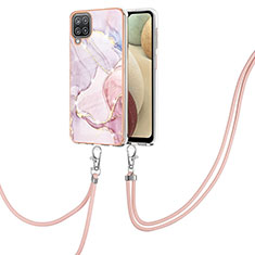 Silicone Candy Rubber Gel Fashionable Pattern Soft Case Cover with Lanyard Strap Y05B for Samsung Galaxy F12 Pink