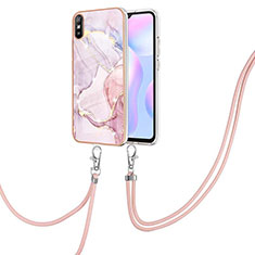 Silicone Candy Rubber Gel Fashionable Pattern Soft Case Cover with Lanyard Strap Y05B for Xiaomi Redmi 9AT Pink