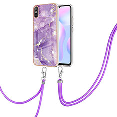 Silicone Candy Rubber Gel Fashionable Pattern Soft Case Cover with Lanyard Strap Y05B for Xiaomi Redmi 9i Purple